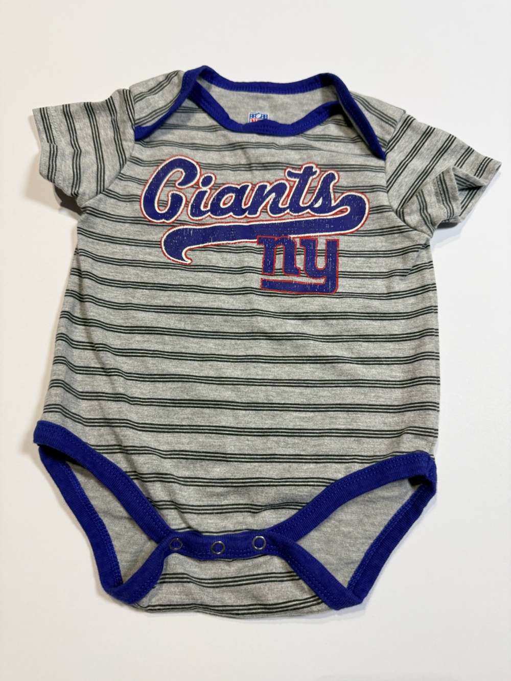 Striped NY 'Giants' Baby Bodysuit with Royal Blue Trim